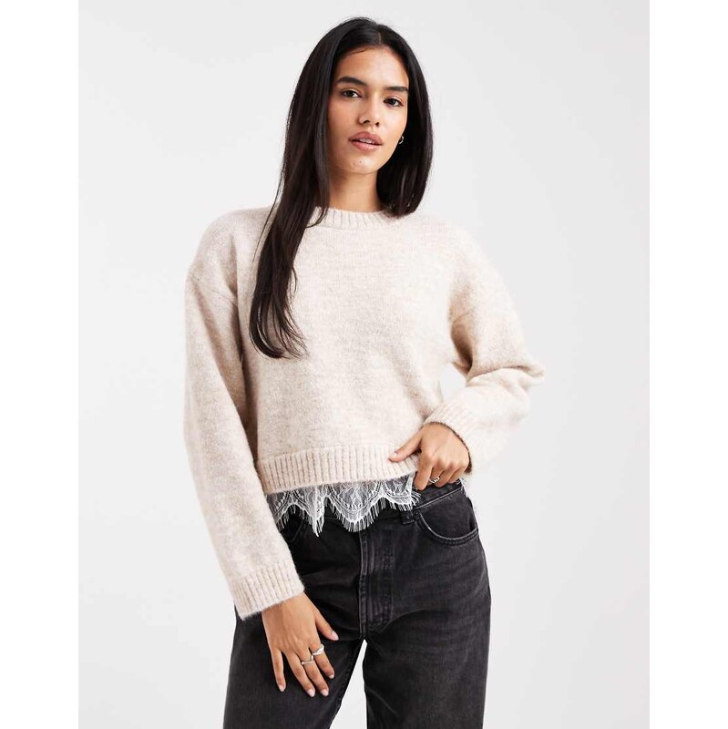 Miss Selfridge knit jumper with lace hem in beige-Neutral 109457789