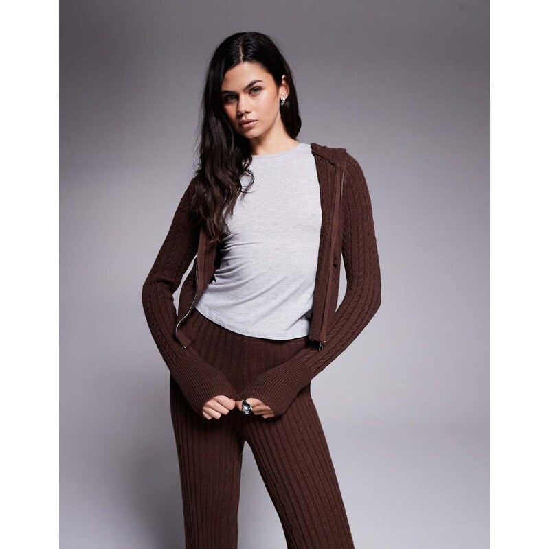 River Island cable knit loungewear hoodie co-ord in dark brown 109457793
