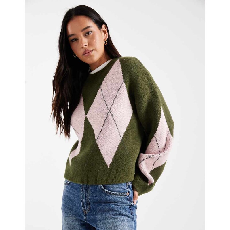 ASOS DESIGN fluffy knitted argyle jumper in khaki-Green