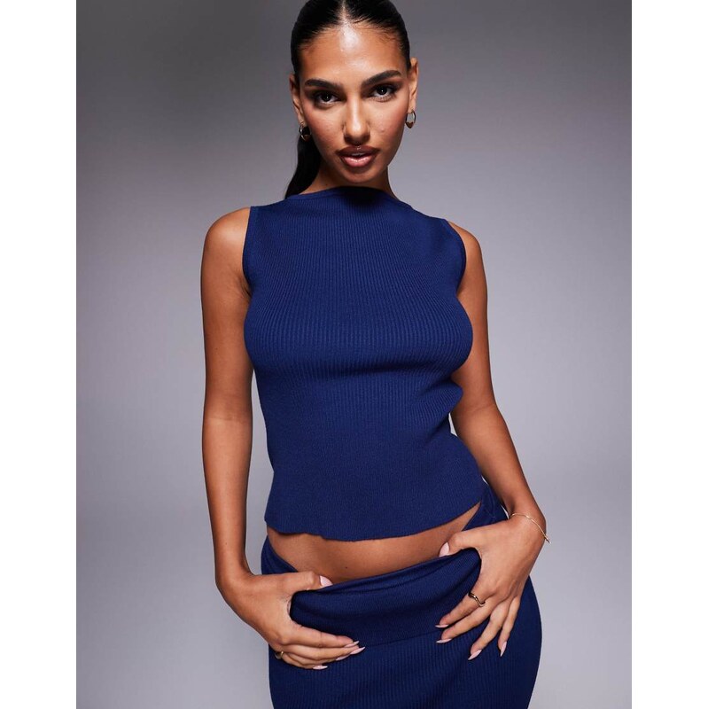 Kaiia exclusive slash neck sleeveless rib knit top co-ord navy