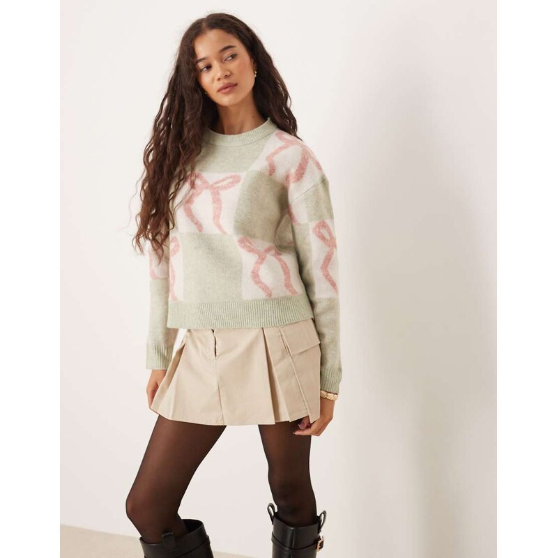 Brave Soul crew neck christmas jumper wtith bow print in sage