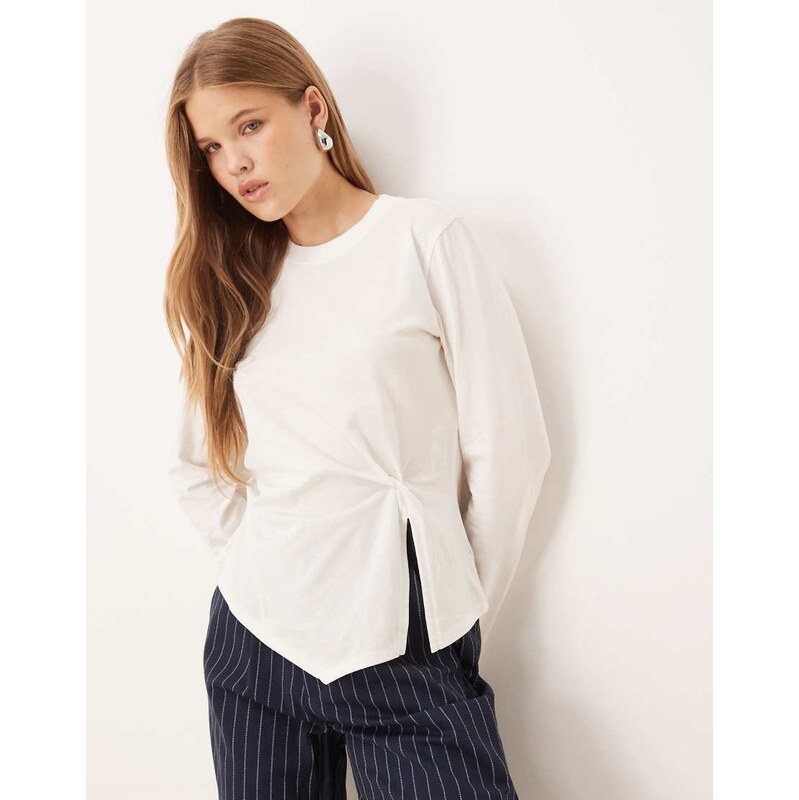 ASOS DESIGN knot detail long sleeve top in cream-White