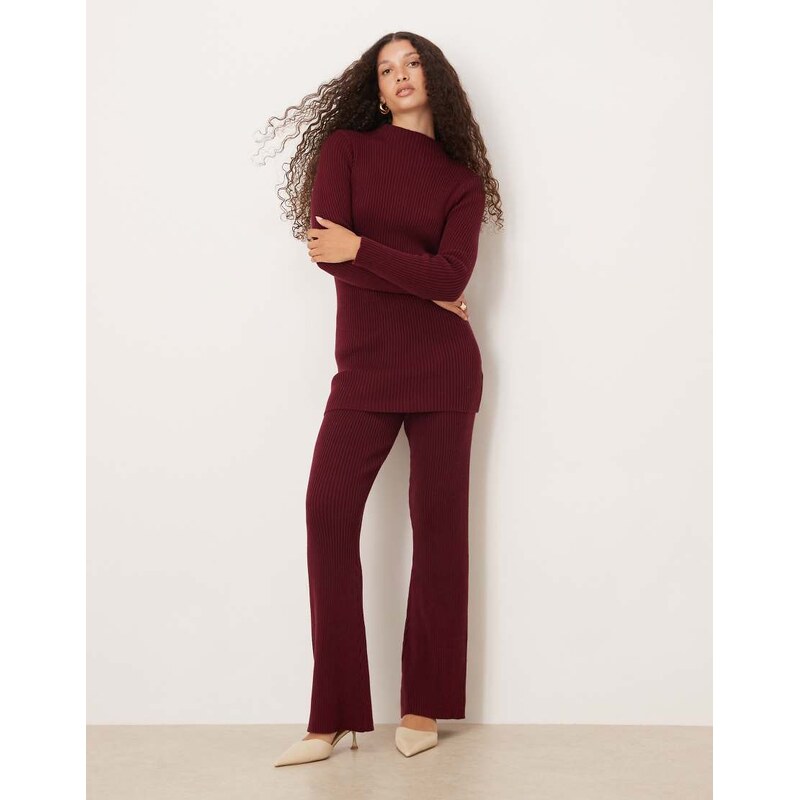 SNDYS ribbed knitted wide leg trousers co-ord in burgundy-Red 109464265