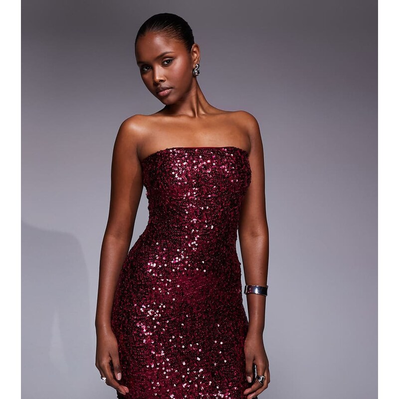 Kaiia exclusive bandeau mini dress in burgundy sequin-Red 109464668