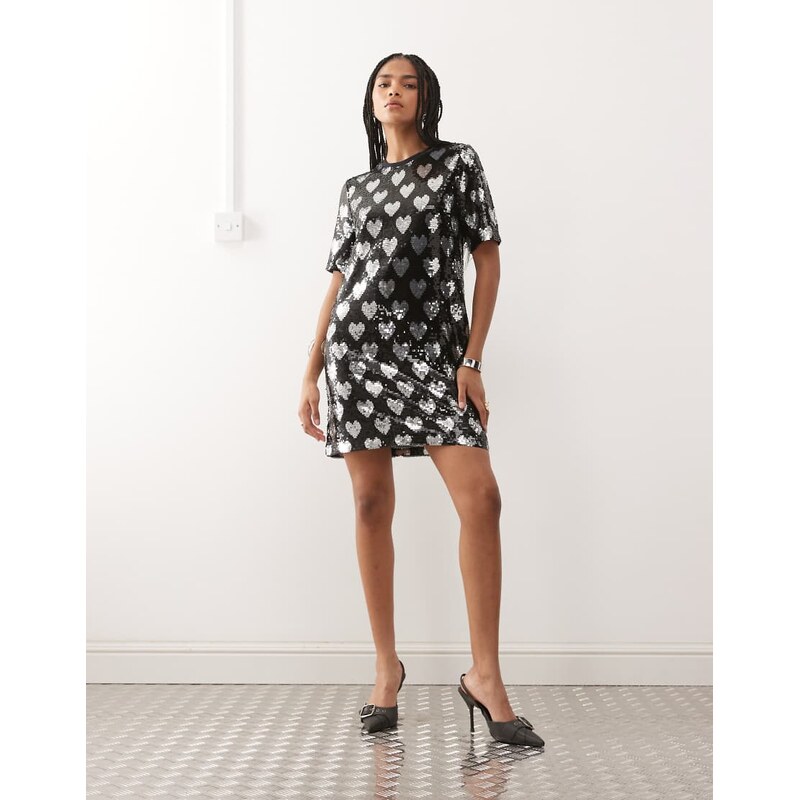 Noisy May heart detail sequin t-shirt dress in black