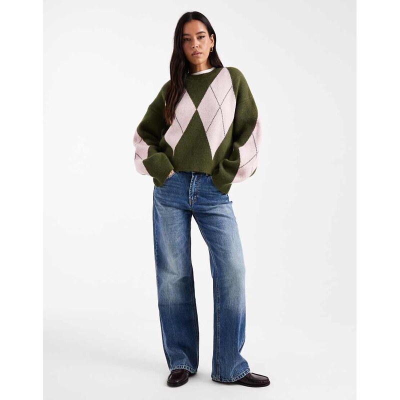 ASOS DESIGN fluffy knitted argyle jumper in khaki-Green