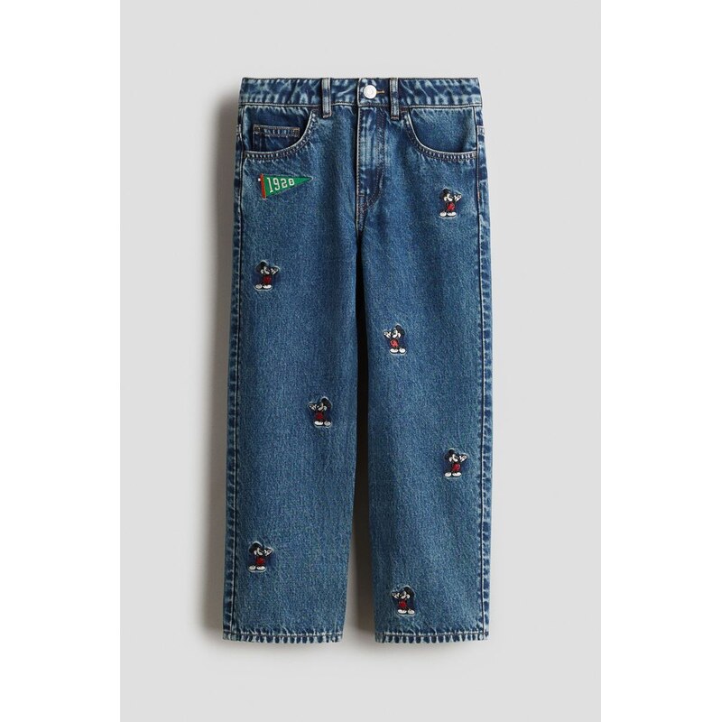 H&M - Džínys vyšívanými detaily Loose Fit - Denim Blue/Myšák