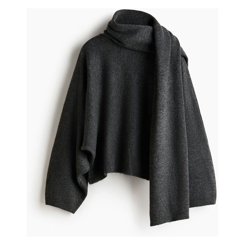 H&M - Oversized svetrs šálovým detailem - Tmavě Šedý Melír