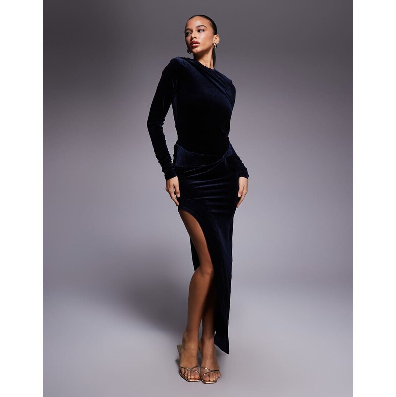 Ruched & Ready high waisted sculpting twist detail velvet maxi skirt 115735071