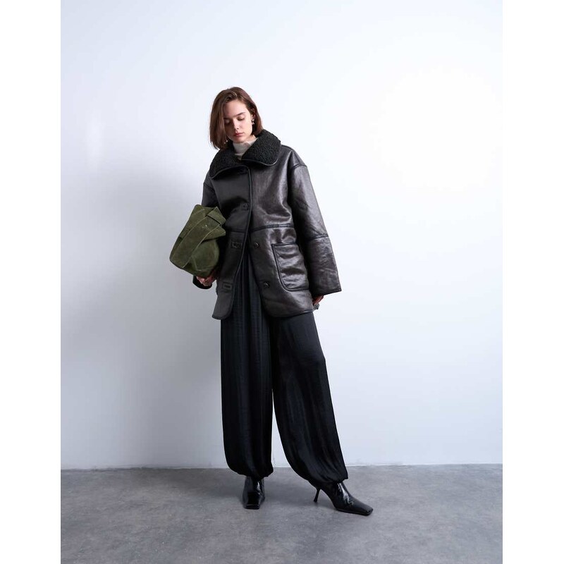 Topshop shearling oversized patch pocket mid length funnel neck
