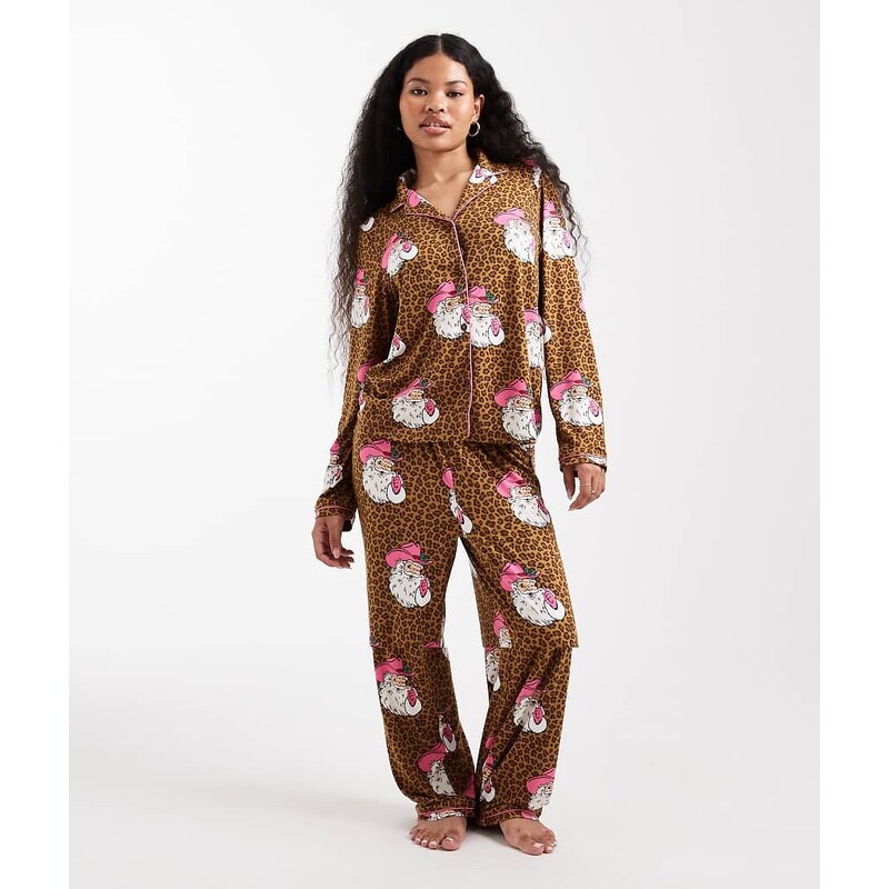 Urban Threads Petite Christmas Santa leopard print pyjama set in brown 111335621
