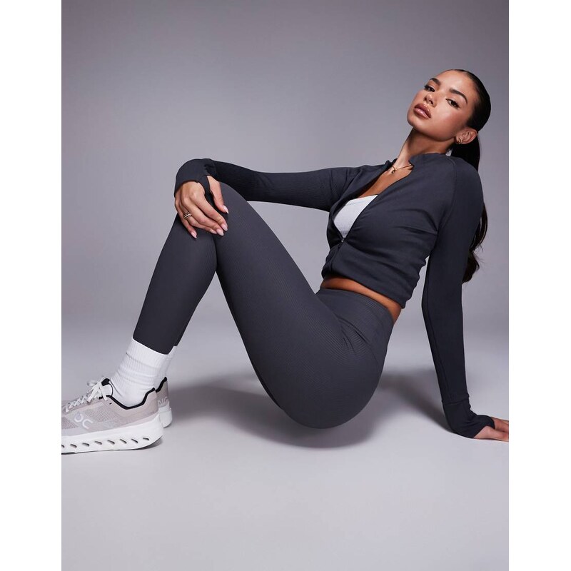 4505 soft touch rib high waist gym legging in dark grey 109464327