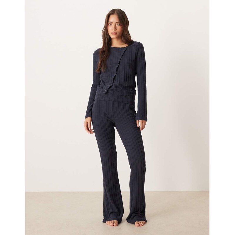 ASOS DESIGN wide rib fold over wide leg trouser in navy