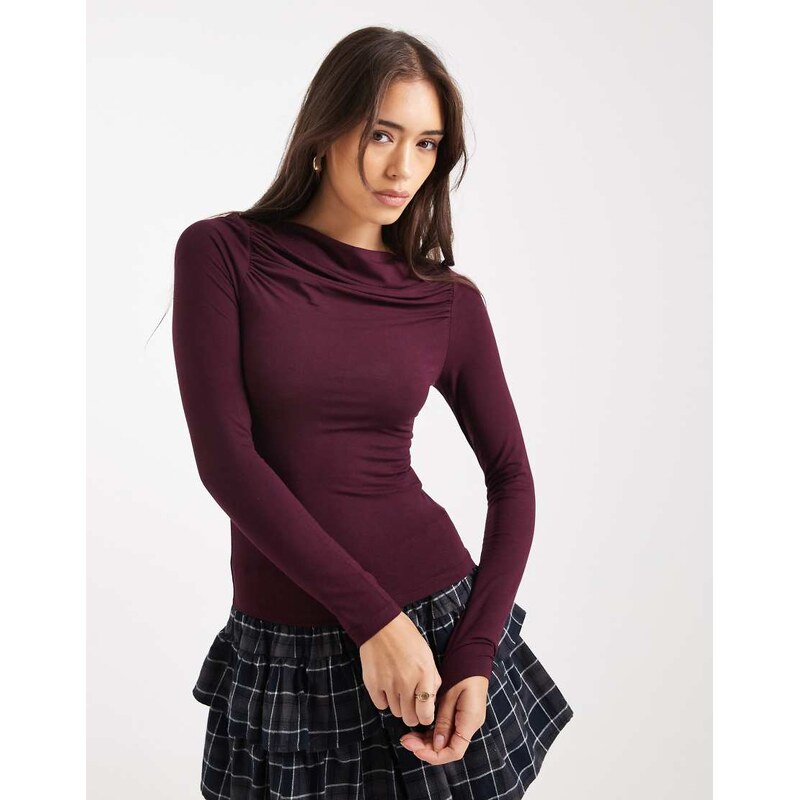 Miss Selfridge ruched slash neck top in plum-Purple 113262189