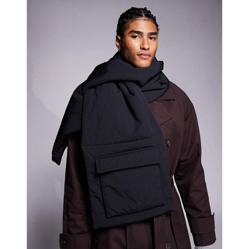 ASOS DESIGN quilted padded pocket scarf in black
