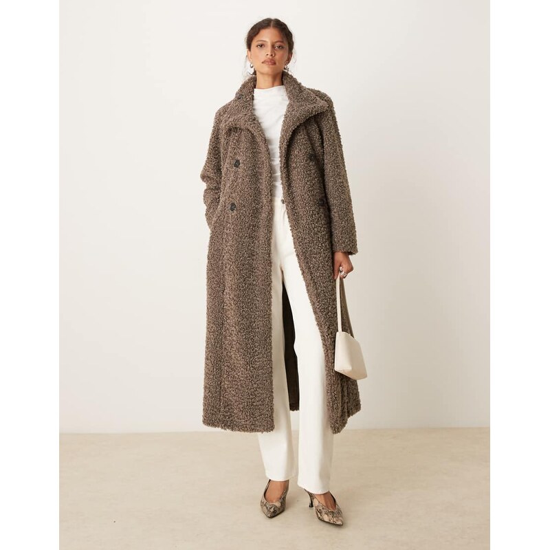 Pretty Lavish belted boucle wrap coat in taupe-Neutral 109464475