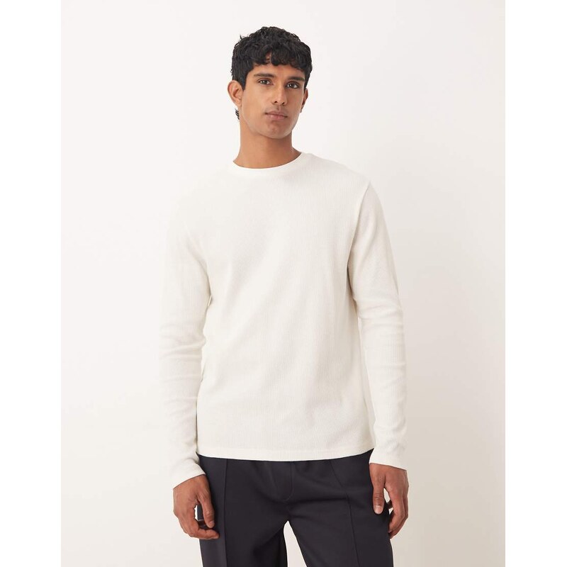 ASOS DESIGN regular fit long sleeve t-shirt in cream waffle