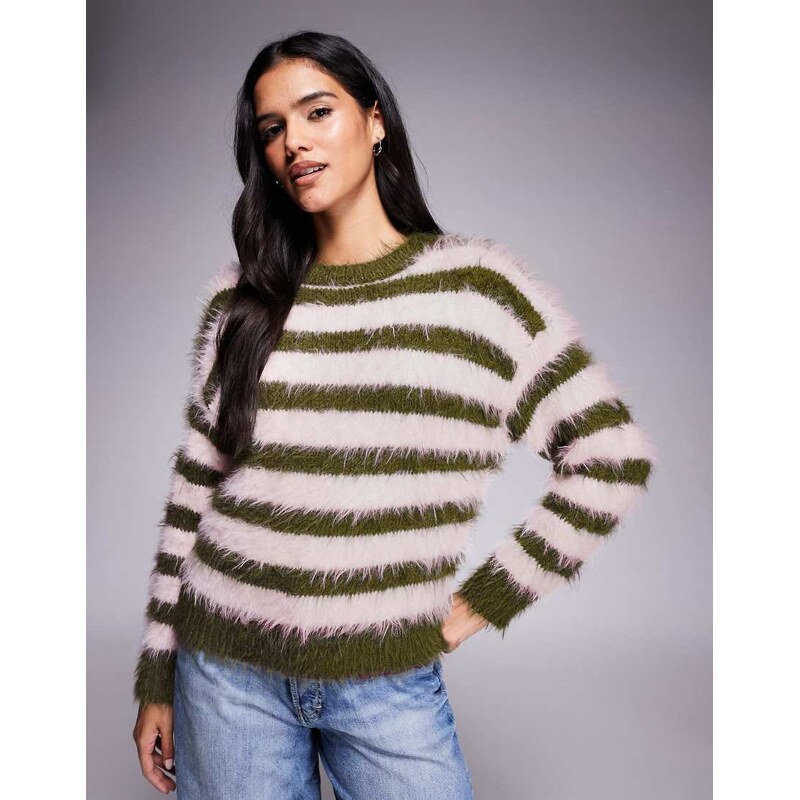 Kiwi & Co Kiss fluffy soft knit jumper in olive & pink stripe 109464562