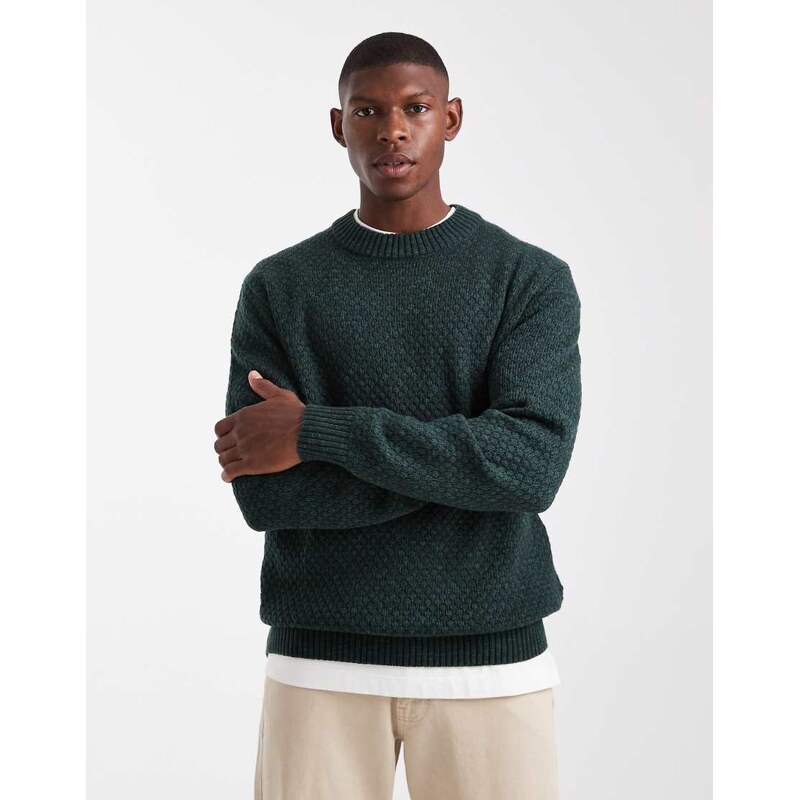 JJ Rebel relaxed fit textured crew neck jumper in khaki-Green