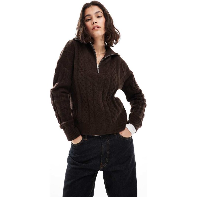 Brave Soul half zip cable knit jumper in brown