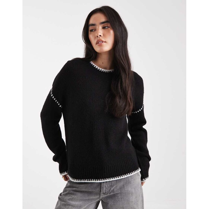 Brave Soul crew neck jumper with contrast stitching in black 109464577