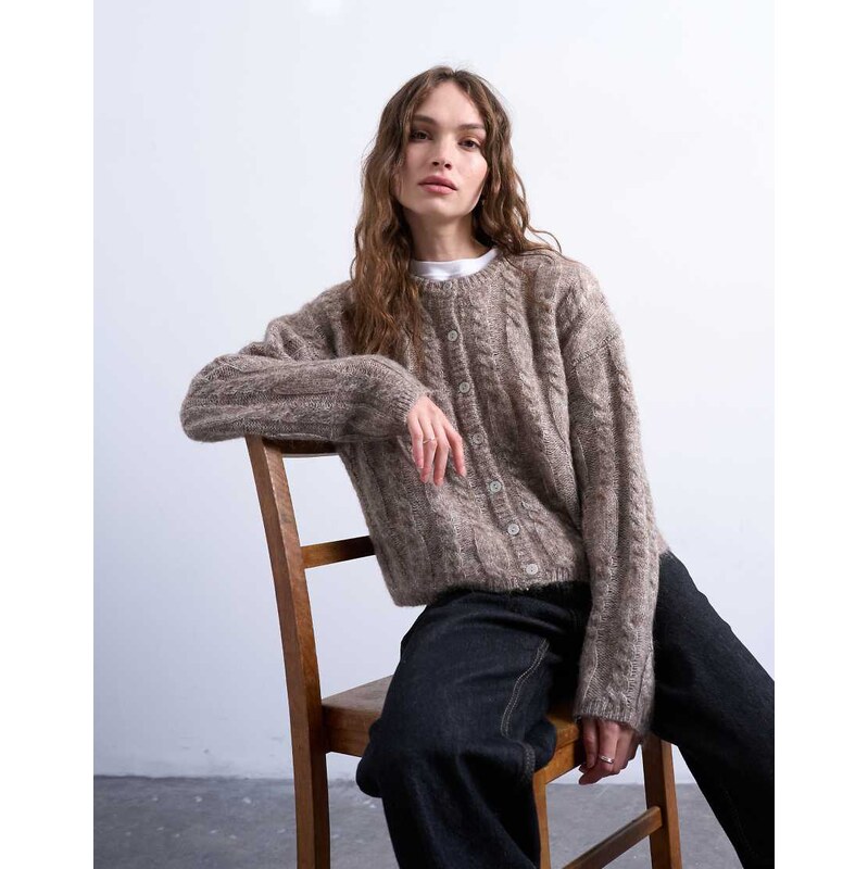Topshop knitted fluffy cable cardigan in oat-Neutral