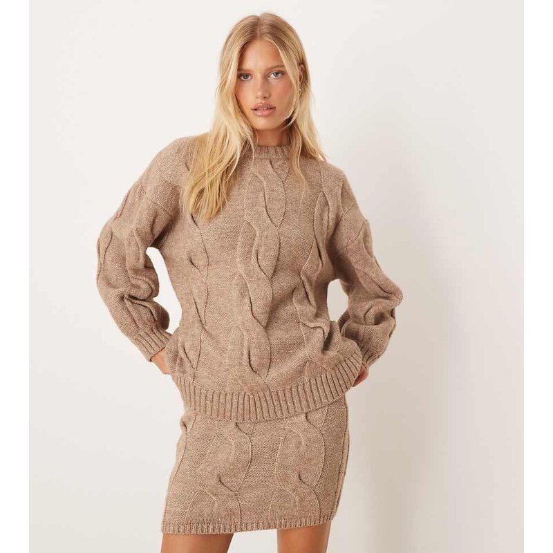 Pretty Lavish cable knit jumper co-ord in taupe-Brown 109464625