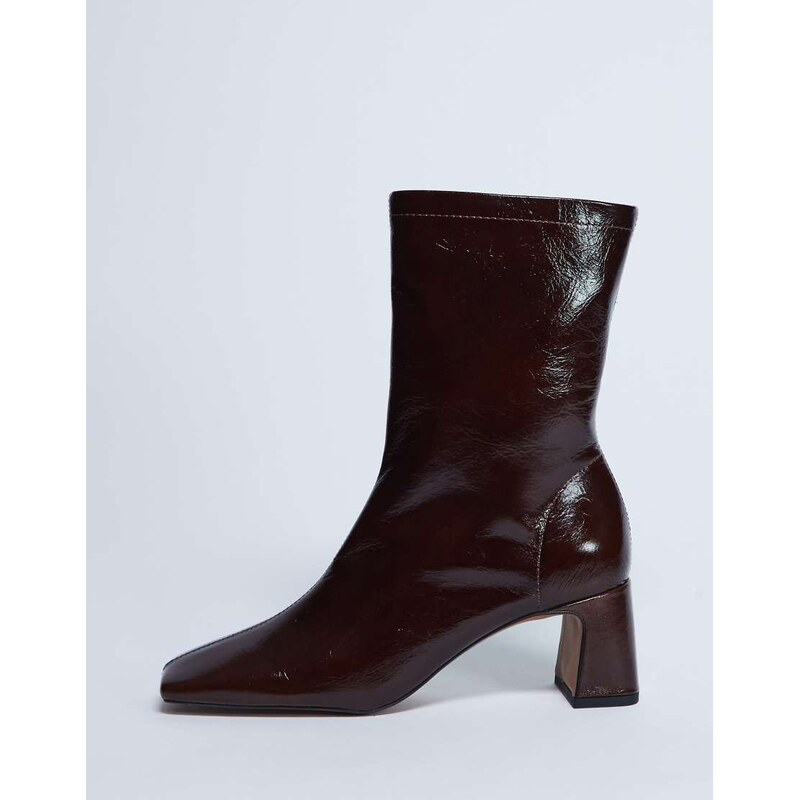 Topshop Sara Premium leather square toe flared heel boot in chocolate 110827191
