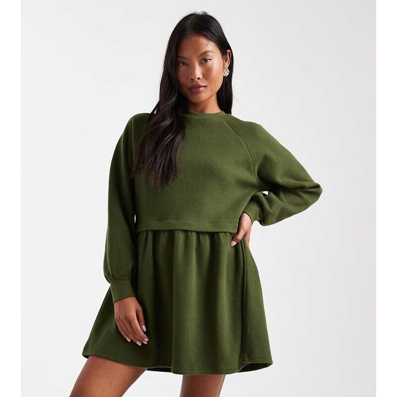 Miss Selfridge petite super soft brushed smock dress in olive-Multi 113437329