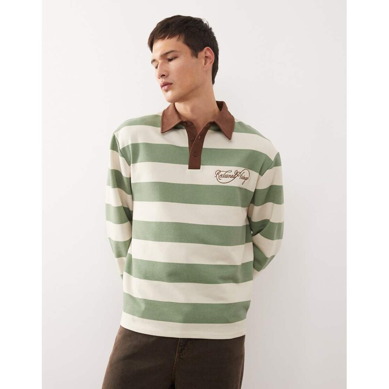Reclaimed Vintage rugby polo top in green and cream stripe-Multi