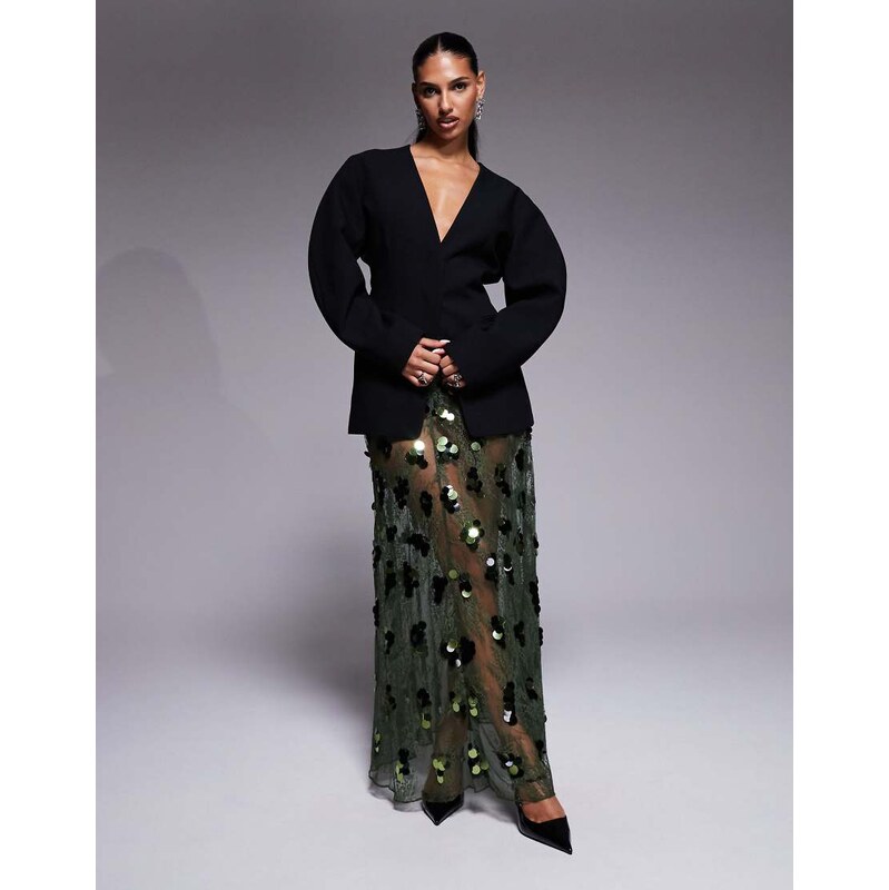 ASOS DESIGN sequin embellished lace godet maxi skirt in olive-Green 115711526