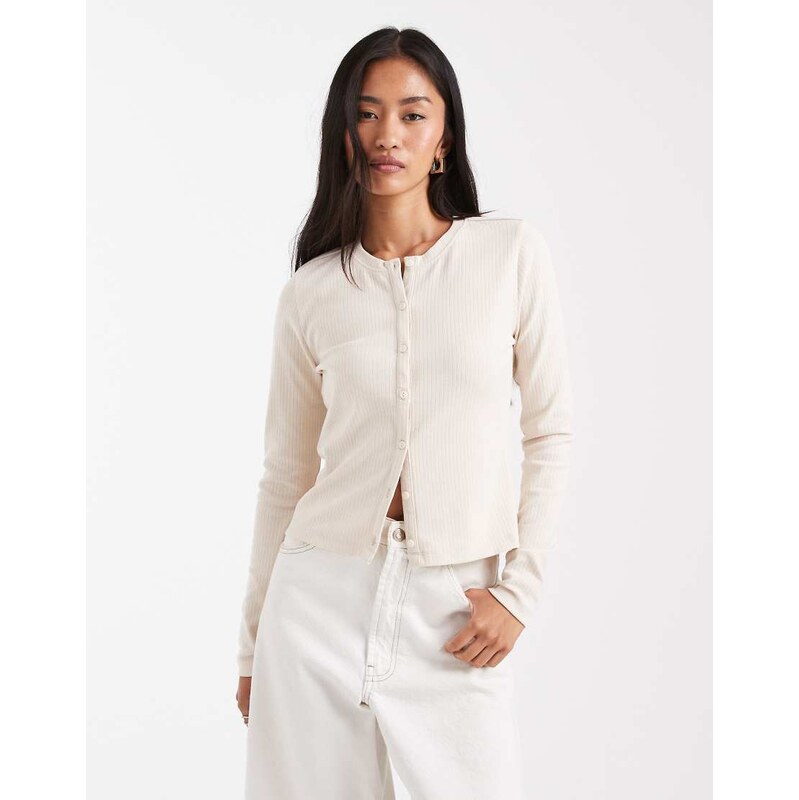 Threadbare button up long sleeve jersey top in cream-White