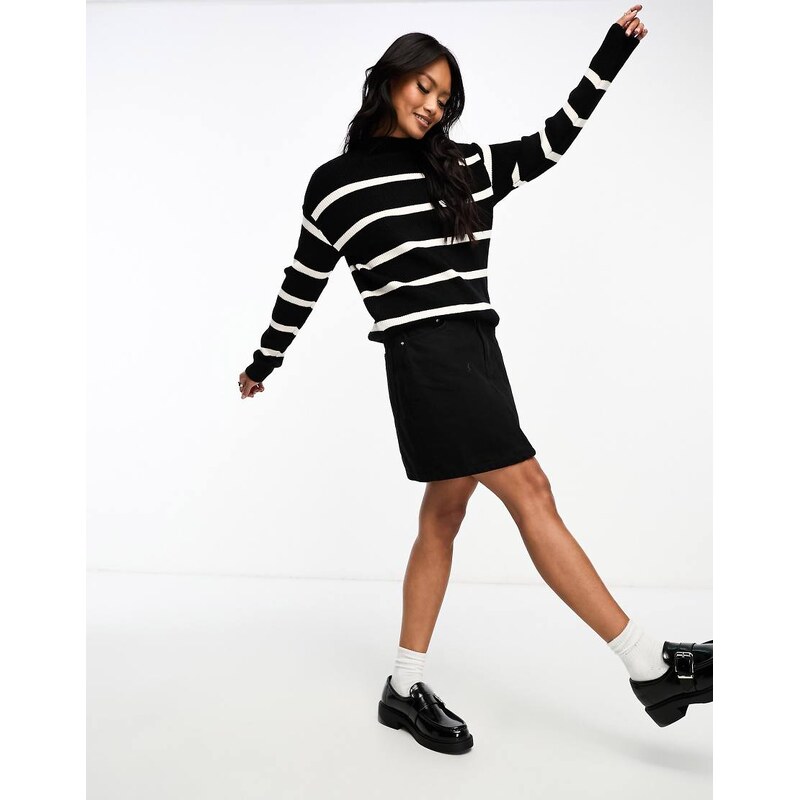 Vila high neck super soft jumper in black mono stripe