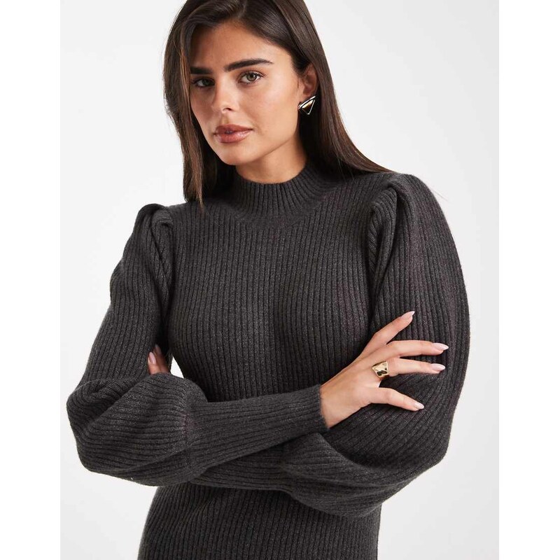 ONLY high neck puff sleeve mini jumper dress in dark grey