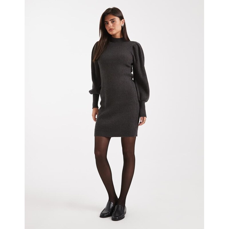 ONLY high neck puff sleeve mini jumper dress in dark grey