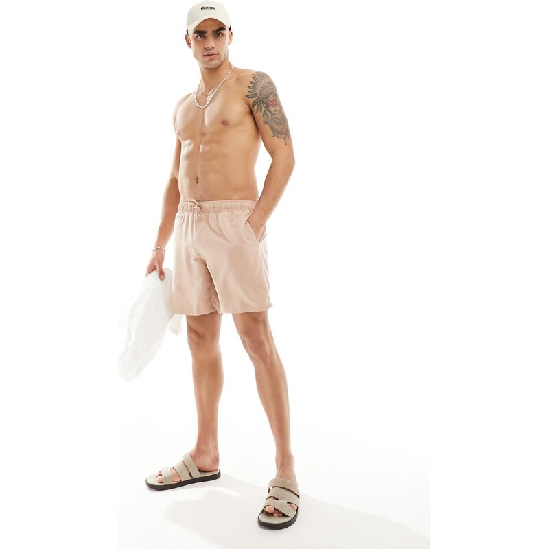 ASOS DESIGN swim shorts in mid length in beige-Neutral