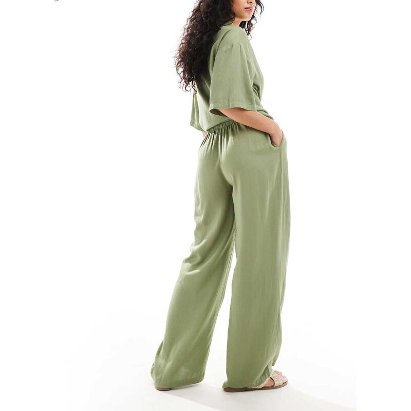 Vila linen touch tie waist wide leg trousers co-ord in green