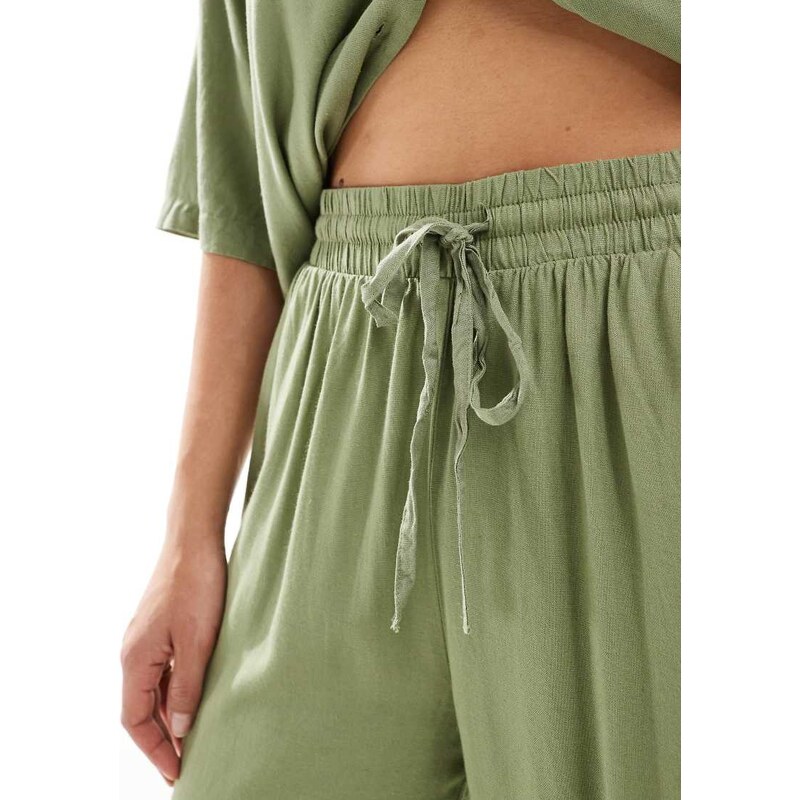 Vila linen touch tie waist wide leg trousers co-ord in green