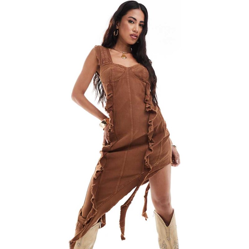 ASOS DESIGN washed twill midi dress with raw edge and asymmetric hem in chocolate-Multi
