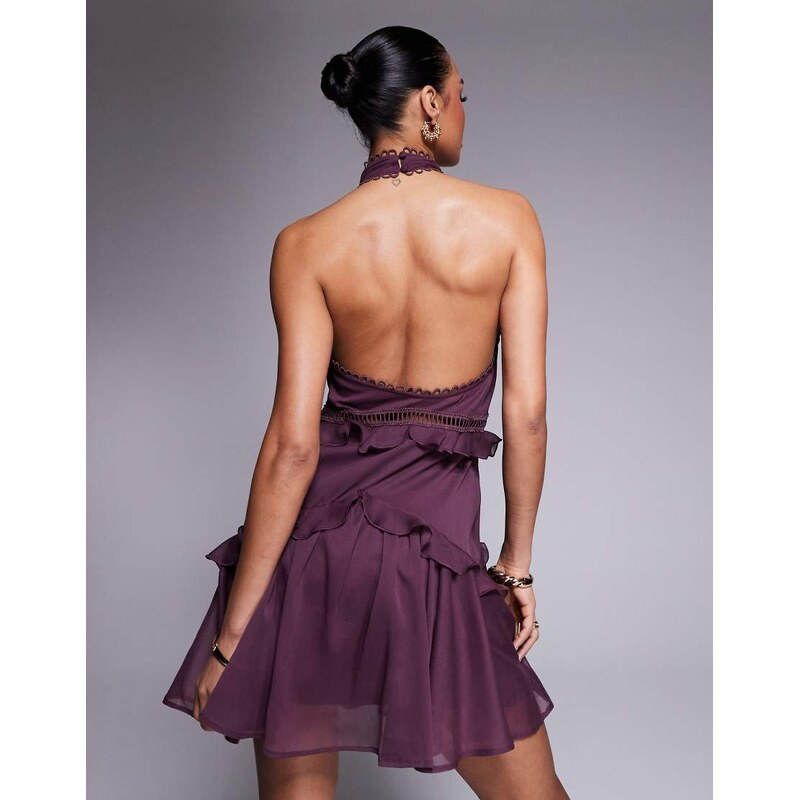 ASOS DESIGN lace insert halter tiered mini in aubergine-Brown