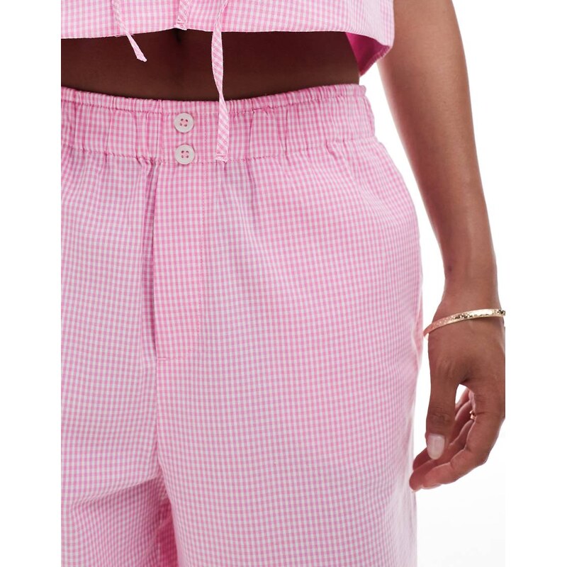 ONLY Petite wide leg boxer detail trousers co-ord in pink gingham