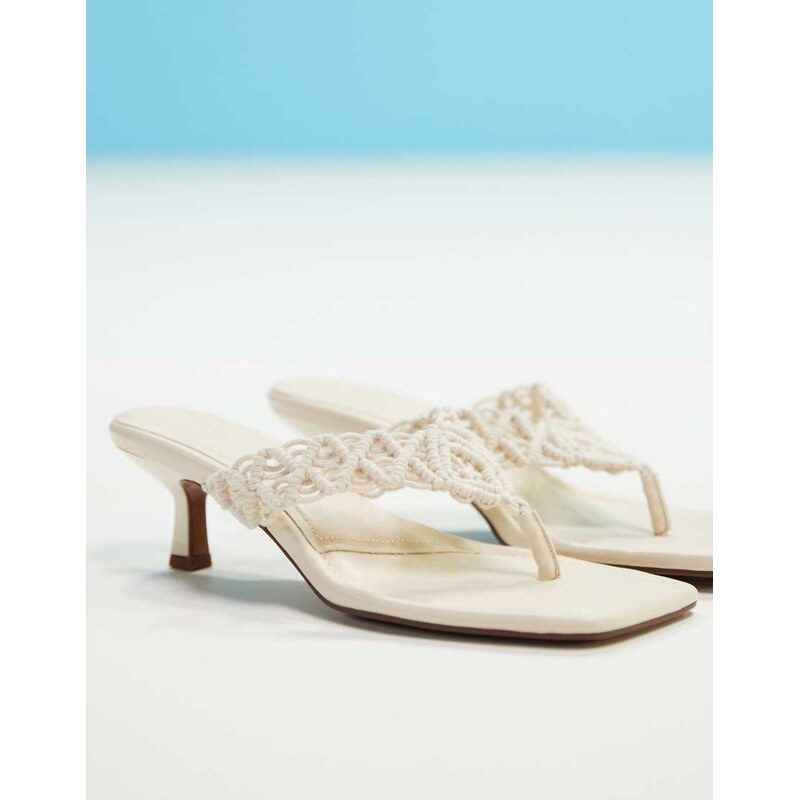 ASOS DESIGN Hawaii weave toe thong kitten heeled sandals in off-white