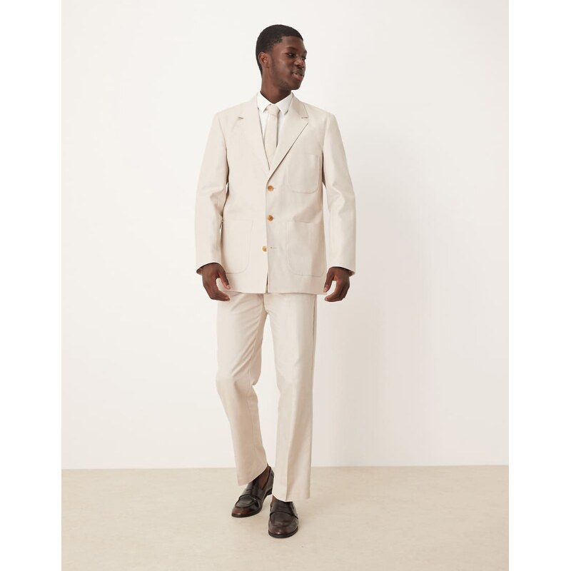 ASOS DESIGN cotton linen regular blend suit jacket in stone twill-Neutral