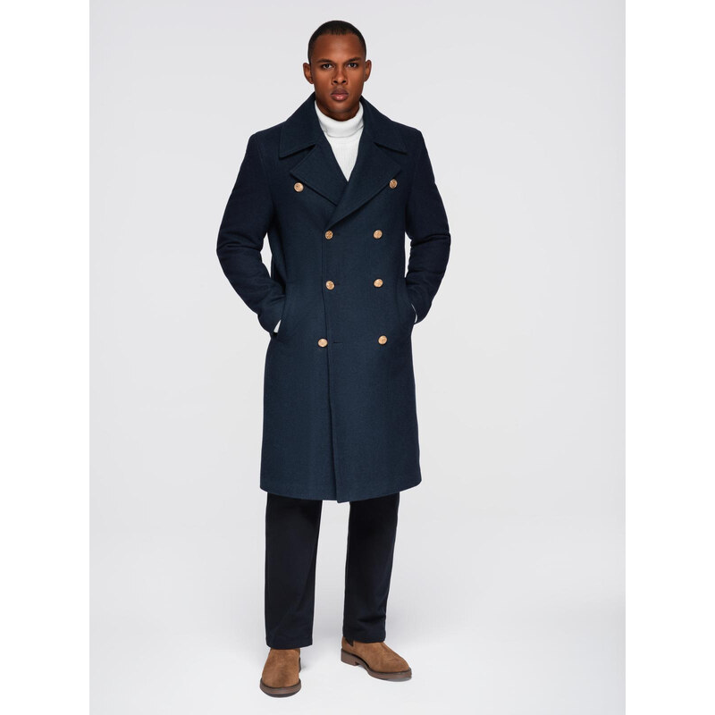Ombre Mens navy double-breasted wool coat - navy blue