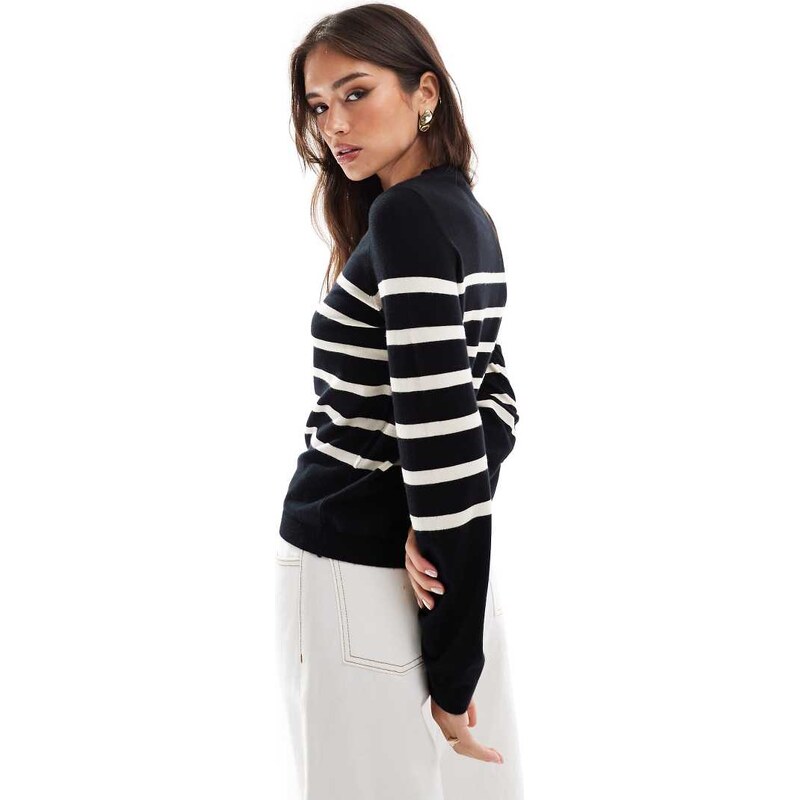 Vero Moda crew neck jumper in black with cream stripes