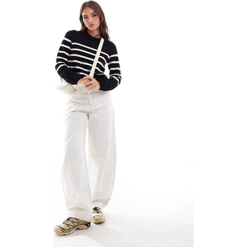 Vero Moda crew neck jumper in black with cream stripes