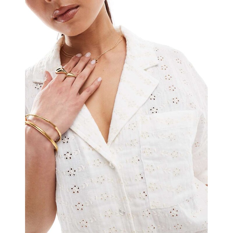 ASOS DESIGN broderie revere collar co-ord shirt in cream-White