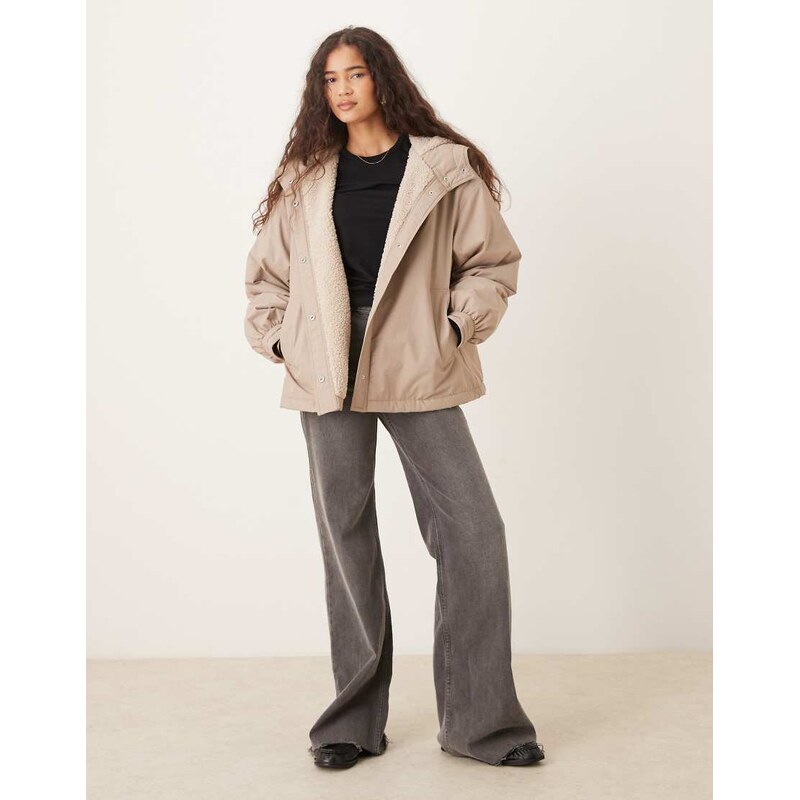 ASOS DESIGN oversized fleece lined rain coat in oatmeal-Black