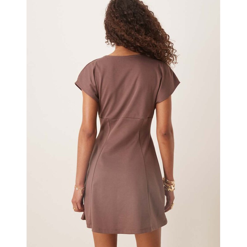 ASOS DESIGN short sleeve plunge seam detail mini dress in mocha-Brown