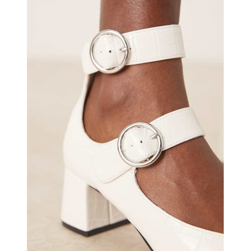 ASOS DESIGN Sasha double buckle strap mid block heel shoes in off white croc